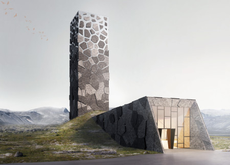 Charred Wooden Shingles Complementing Geometric Forms in a Community-Focused Space  