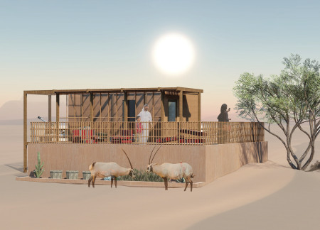 Natural Palm-Frond Canopy Overlooks Circular Eco Lodge in Desert Landscape