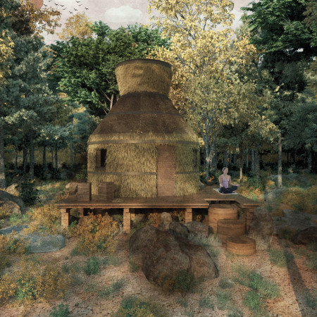 Conical Structure Crafted From Straw and Wood Emphasizing Nature-Integrated Meditation Spaces