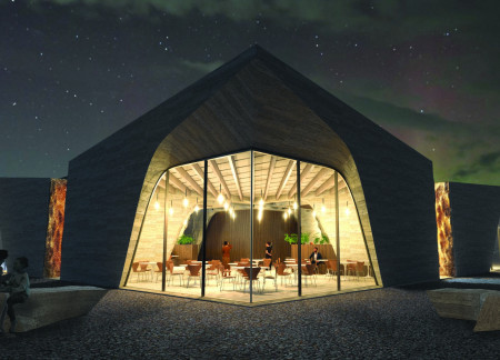 Rammed Earth and Glass Structure Seamlessly Integrating Volcanic Landscape With Community Gathering Space