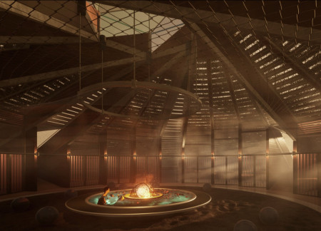 Geodesic Dome Crafted With Earth Blocks and Rainwater Harvesting in a Community Habitat