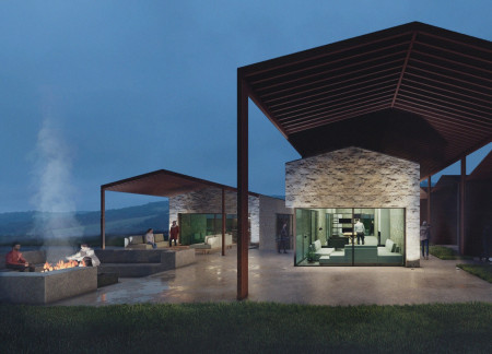 Charred Wooden Shingles and Stone Facades Shaping a Wine Retreat Amidst Vineyards  