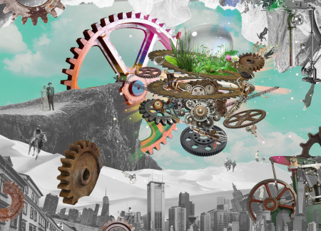 Gears of Memory Intertwined with Lush Greenery and Metalwork in a Multilayered Urban Space