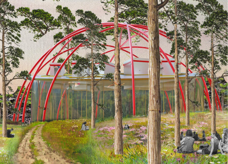 Charred Wooden Shingles and Geodesic Curves Define a Community Space in a Forest Setting