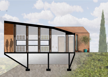Limestone Facade with Expansive Glass Views in a Vineyard Tasting Room  