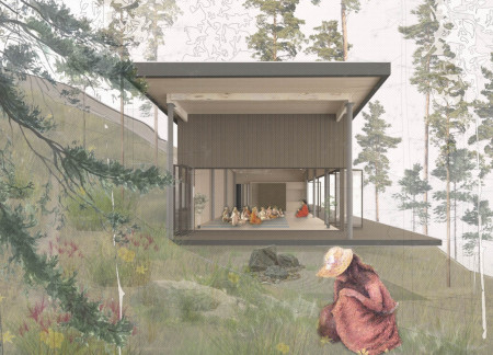 Inverted Butterfly Roof and Local Stone Create a Serene Yoga Retreat Surrounded by Nature