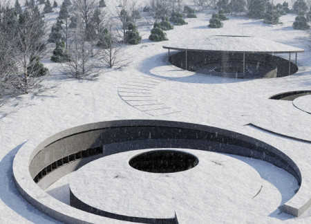 Curvilinear Concrete Forms Enveloped in Natural Light Create a Reflective Sanctuary in the Forest  