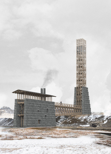Lava Stone and Timber Tower Overlooking Geological Landscapes in Iceland