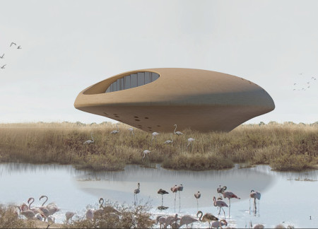 Egg-Shaped Visitor Center Made With Charred Wooden Shingles and Eco-Friendly Materials Overlooking Wetlands