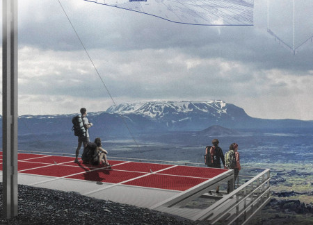 Suspended Steel Pillars Support A Flexible Mesh Viewing Platform Overlooking Volcanic Landscapes