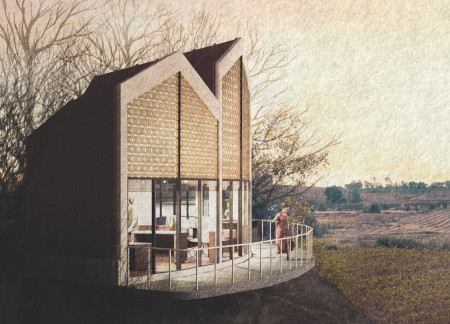 Visitor center featuring cross-laminated timber and charred wood shingles in a vineyard setting
