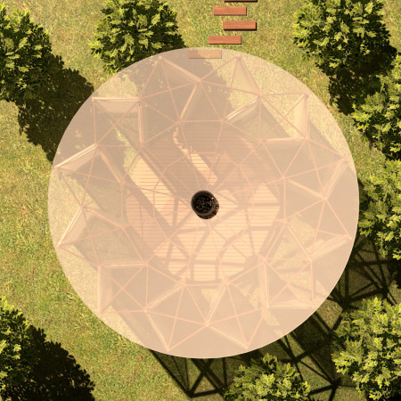 Lattice Roof Constructed with Cross-Laminated Timber Panels Over a Circular Space for Contemplation  