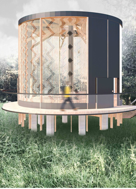 Circular Retreat Crafted From Mountain Beech With Charred Wood Accents and Natural Light Integration  