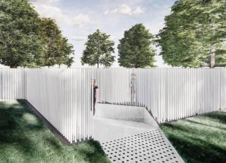 Light-Infused Acrylic Rods Intertwined with Perforated Concrete in a Reflective Memorial Space