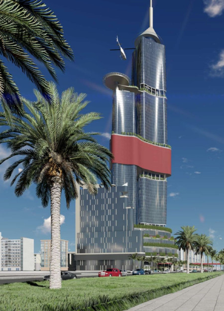 Reflective Glass Towers with Green Roofs Embracing Coastal Sustainability