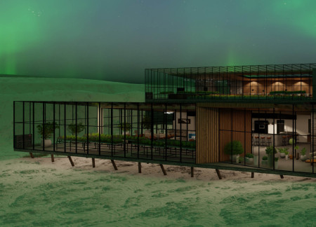Terraced Pavilions Featuring Sustainable Wood Glazing and Geothermal Heating in Icelandic Landscape