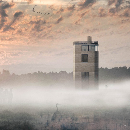 Observation tower featuring natural wood and sustainable construction methods in a scenic ecological landscape