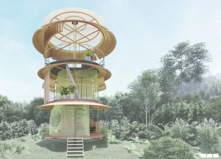 Bamboo Elevated Huts with Solar Integration in a Tropical Plantation Setting