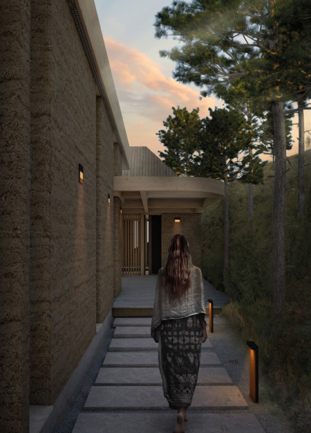 Rammed Earth Walls and Photovoltaic Panels Enhancing Wellness in a Timber Retreat