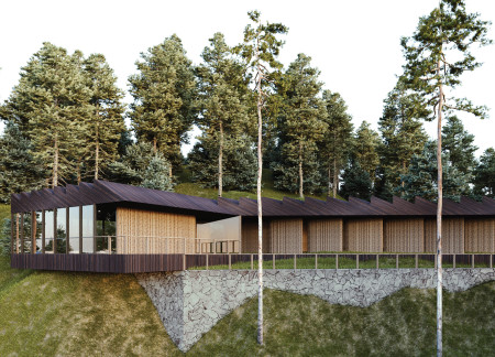 Serrated Roof Design with Cross-Laminated Timber and Natural Stone for a Cliffside Wellness Retreat  
