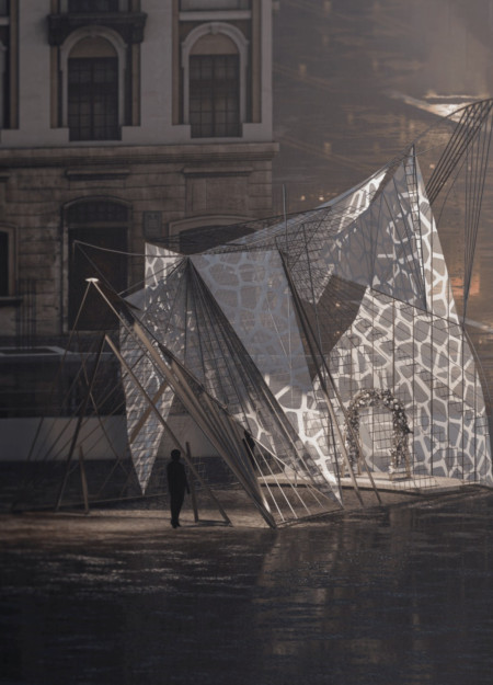 Translucent Veils and Steel Framework Shape a Reflective Space in Tahrir Square  
