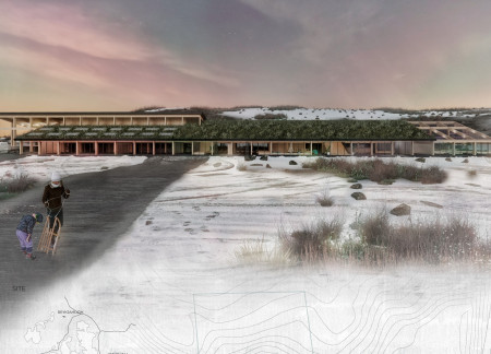 Turf-Covered Green Roofs and Basalt Stone Blend in a Sustainable Community Space  
