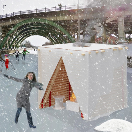 Firepit-Centered Shelters Constructed with Timber and Fabric on the Rideau Canal