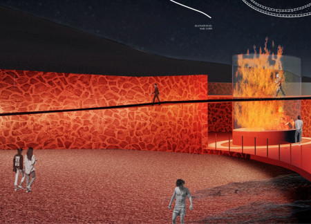 Volcanic Stone Pavilion Featuring Community-Centered Fire Ring and Glass Transparency