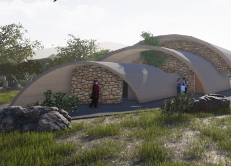 Curvilinear Form Crafted From Local Stone and Concrete for Community Living