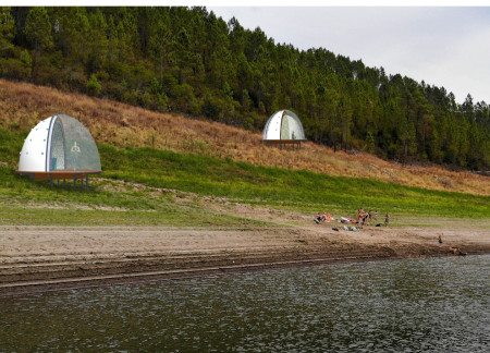 Translucent Dome Structures with Charred Wooden Shingles in Sustainable Meditation Retreat  