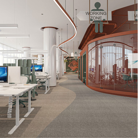 Natural Light-Filled Workspace Featuring Textured Carpeting and Biophilic Elements
