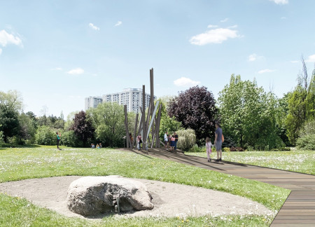 Chaotic Metal Beams and Natural Stone Create a Reflective Memorial Experience  