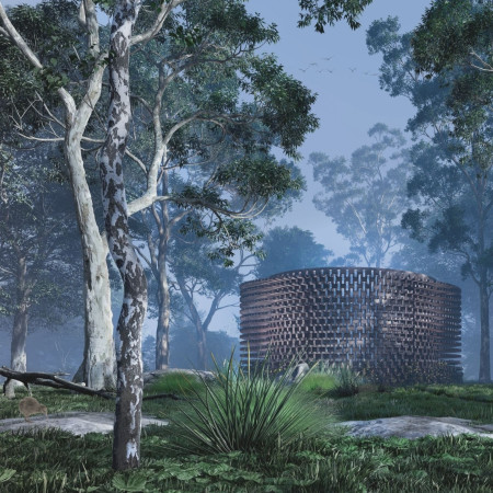 Circular Retreat of Charred Wood and Natural Light Assembly for Mindfulness  