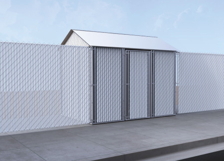 Durable Chain-Link Enclosure With Multifunctional Interiors in Corrugated Metal Shelters