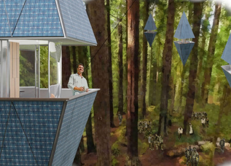 Laminated Glass Treehouse With Charred Wood Accents for Sustainable Living