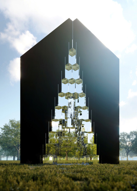 Reflective Stainless Steel And Greenery Intertwined In A Pyramidal Memorial Structure
