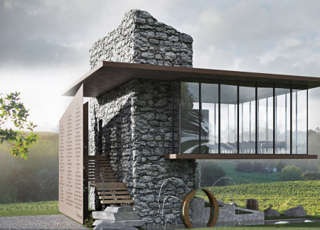 Wine Tasting Room Emphasizing Corten Steel and Traditional Stonework in a Vine-Centric Design