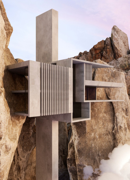 Natural Rock Integration With Concrete and Glass Elements in A Versatile Living Space