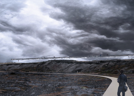 Corten Steel Echoes in a Periscope-Shaped Observation Pathway Above Iceland's Geological Fissures
