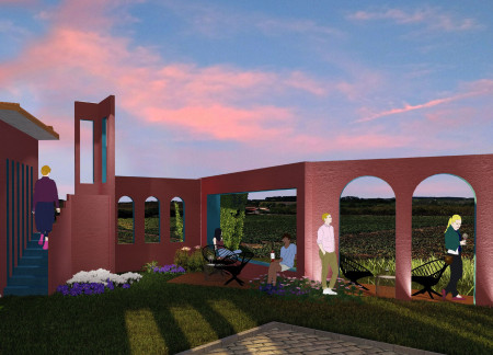 Wine tasting facility featuring adobe brick and multi-pitched roofs within a vineyard landscape