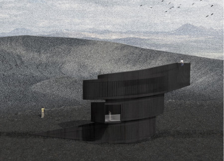 Spiral Viewing Platform Shrouded in Weathered Steel and Reinforced Concrete Amid Volcanic Landscape