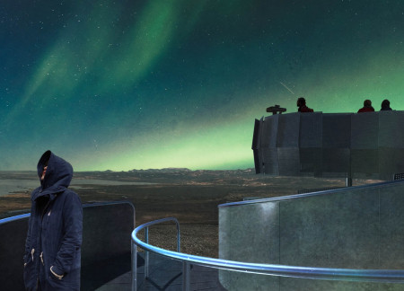 Circular Observation Platform With Brushed Steel Accents Nestled Within Volcanic Landscape
