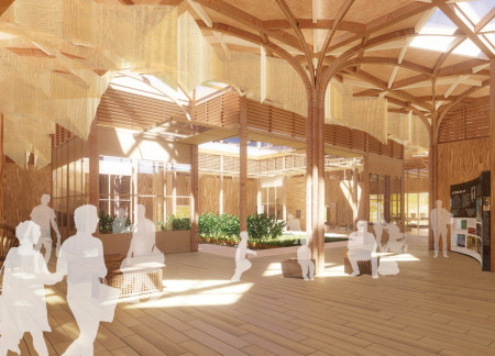 Rainwater Harvesting Structure Crafted From Recycled Timber with a Tree-Canopy Roof
