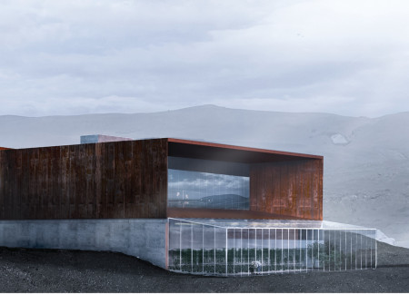 Geothermal Dining Experience Within Textured Concrete and Metal Cladding Enveloped by Hydroponic Farming