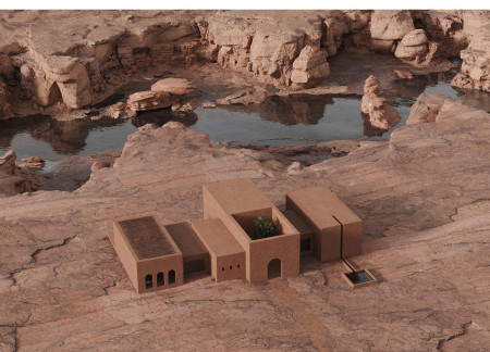 Earth-Toned Adobe Structure Incorporating Natural Ventilation and Circular Windows for Desert Living