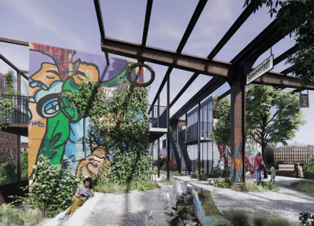 Charred Wooden Shingles and Steel Frames Revitalize Abandoned Transit Line Into Multifunctional Community Hub