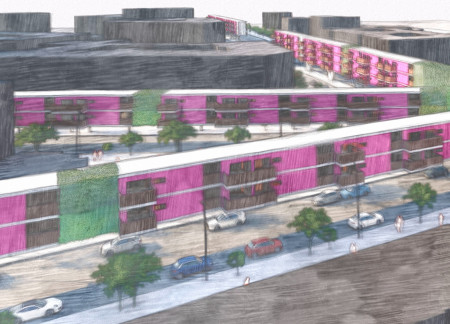 Elevated Community Spaces with Pink Accents and Timber Cladding  