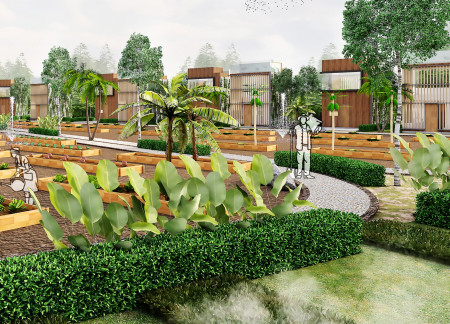 Rainwater Harvesting Tower With Green Wall Integration in Sustainable Timber Community   
