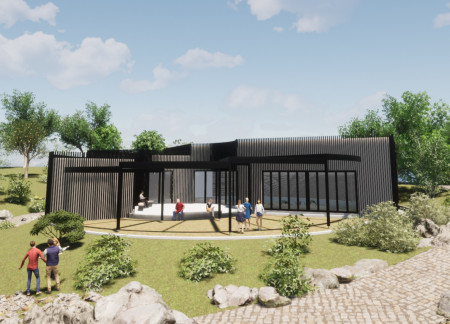 Cross-Laminated Timber Structure With Natural Stone Integrating Outdoor Gathering Spaces  
