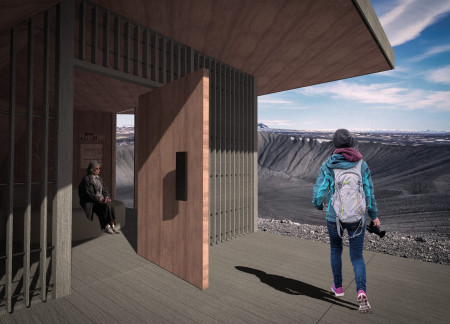 Charred Wooden Shingles Frame A Passive Lookout Nestled In Volcanic Terrain